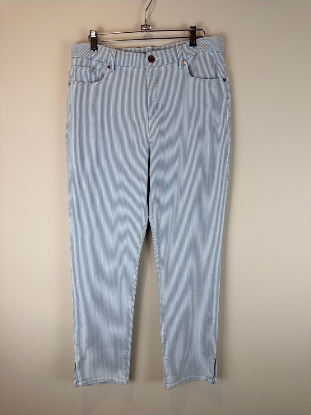 Chico's Light Blue Pinstriped So Slimming Girlfriend Ankle Jeans Size 10R or 1.5
